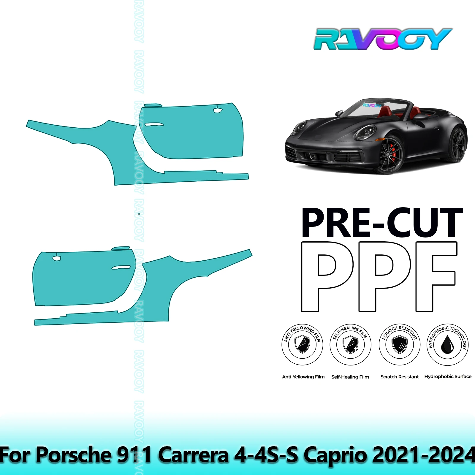 

For Porsche 911 Carrera 4-4S-S Caprio 2021-2024 8.5mil Pre-Cut PPF Door & A/B Pillar Kit TPU Paint Protection Film Set