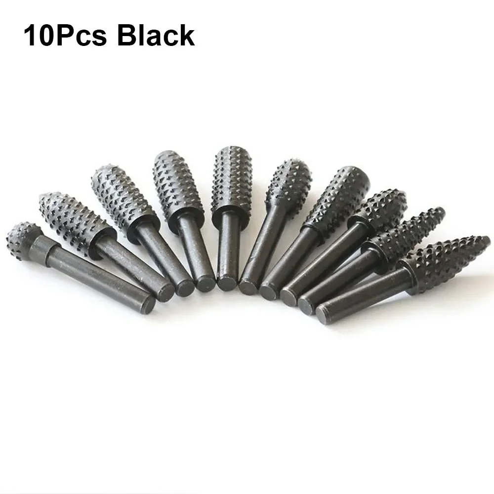 10Pcs Durable 6mm Shank Rotary Burr Set Steel Black Grey Wood Rasp File Grinding Head Drill Bits for Woodworking Root Carving