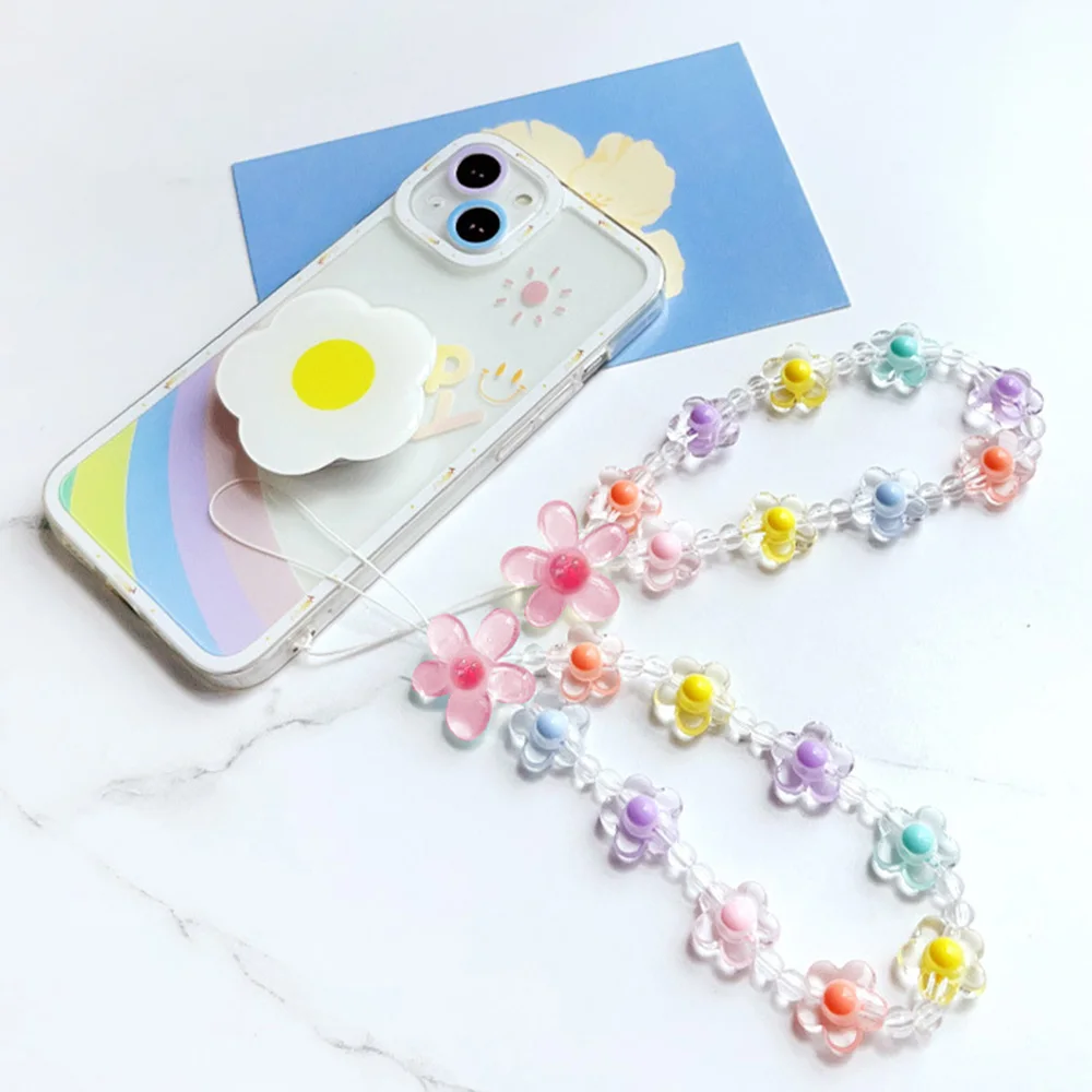 الملونة زهرة الشمس الخرز سلسلة الهاتف المحمول معكرون زهرة مطرز أحزمة الهاتف المحمول قلادة المفاتيح سلسلة هواتف الإبداعية