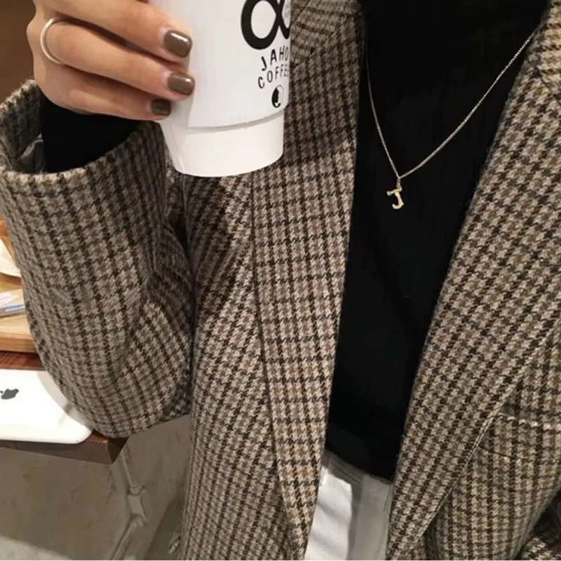 Retro Plaid Wool Suit Jacket Women Clothes 2024 Spring Autumn Large Size Blazer Women\'s Fat Mm Slim Plaid Suit New In Coat