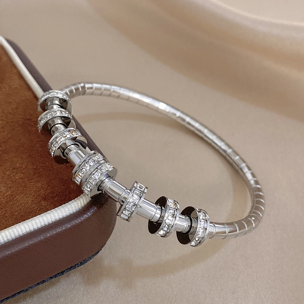 Greatera Colorful Rhinestone Ring Buckle Cut Pattern Bamboo Joint Bracelet Classic Creative Stainless Steel Colorfast Bangles
