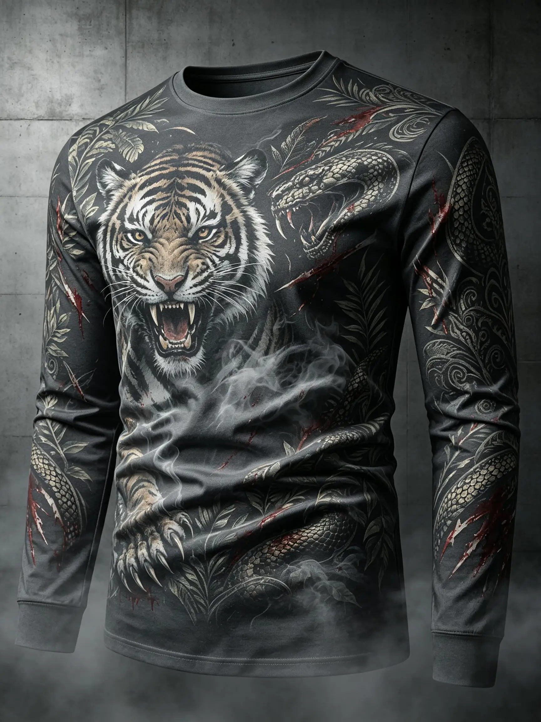 Men Wildlife Style Long Sleeve Tee, Fierce Tiger Head Snake Jungle Foliage Allover Print Casual Shirt