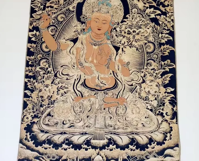 Black Gold Manjusri Bodhisattva Brocade Tibetan Tangka Embroidery Painting Gold Thread Embroidery Decorative Hanging Pictures