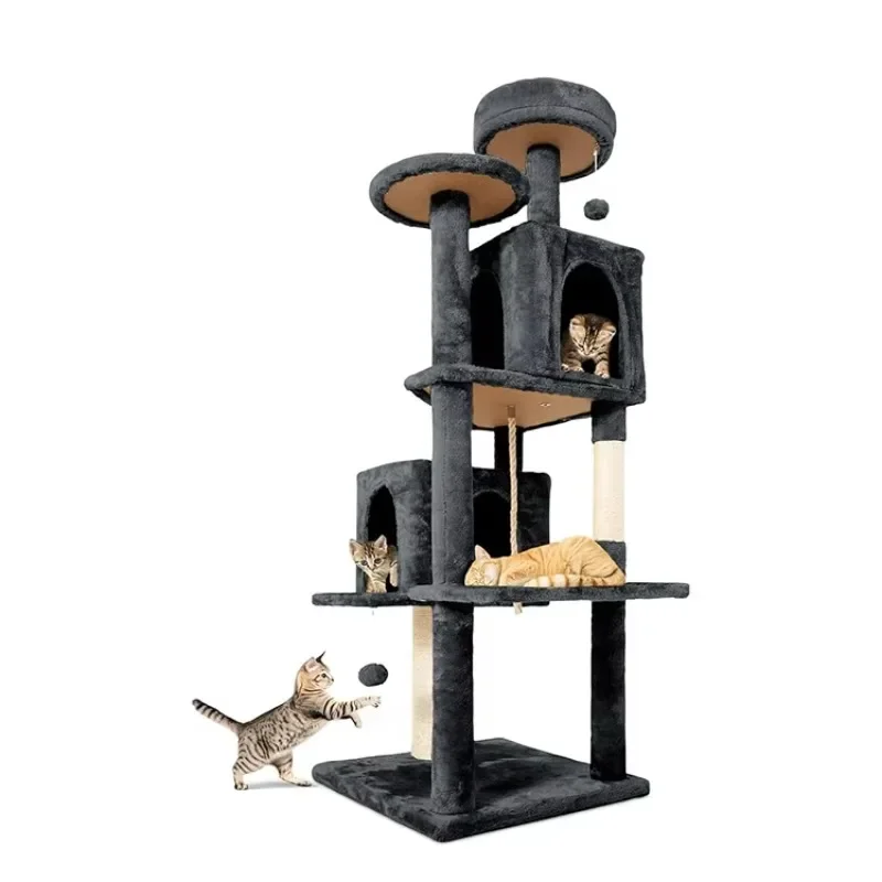 Modern dark gray plush cat climbing frame cat tree tower hemp rope durable and environmentally friendly