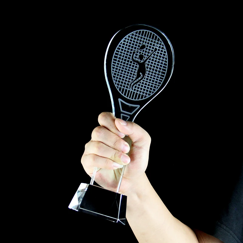 Exquisite Tennis Racket Crystal Trophy Free Custom Engraving Text Logo Tennis Match Trophy Souvenir Award Championship Prize
