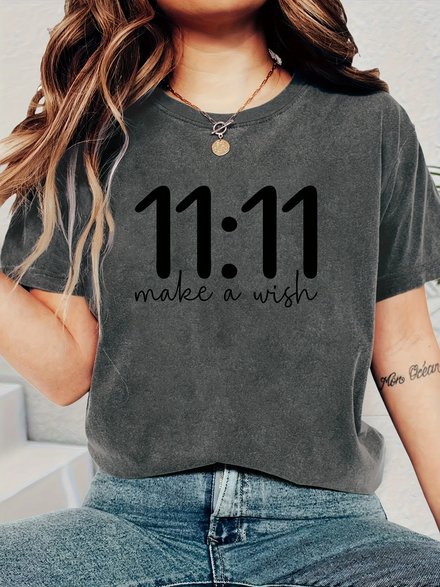 11:11 Make A Wish Women's Tee - Minimalist Graphic, Casual Dark Gray Top