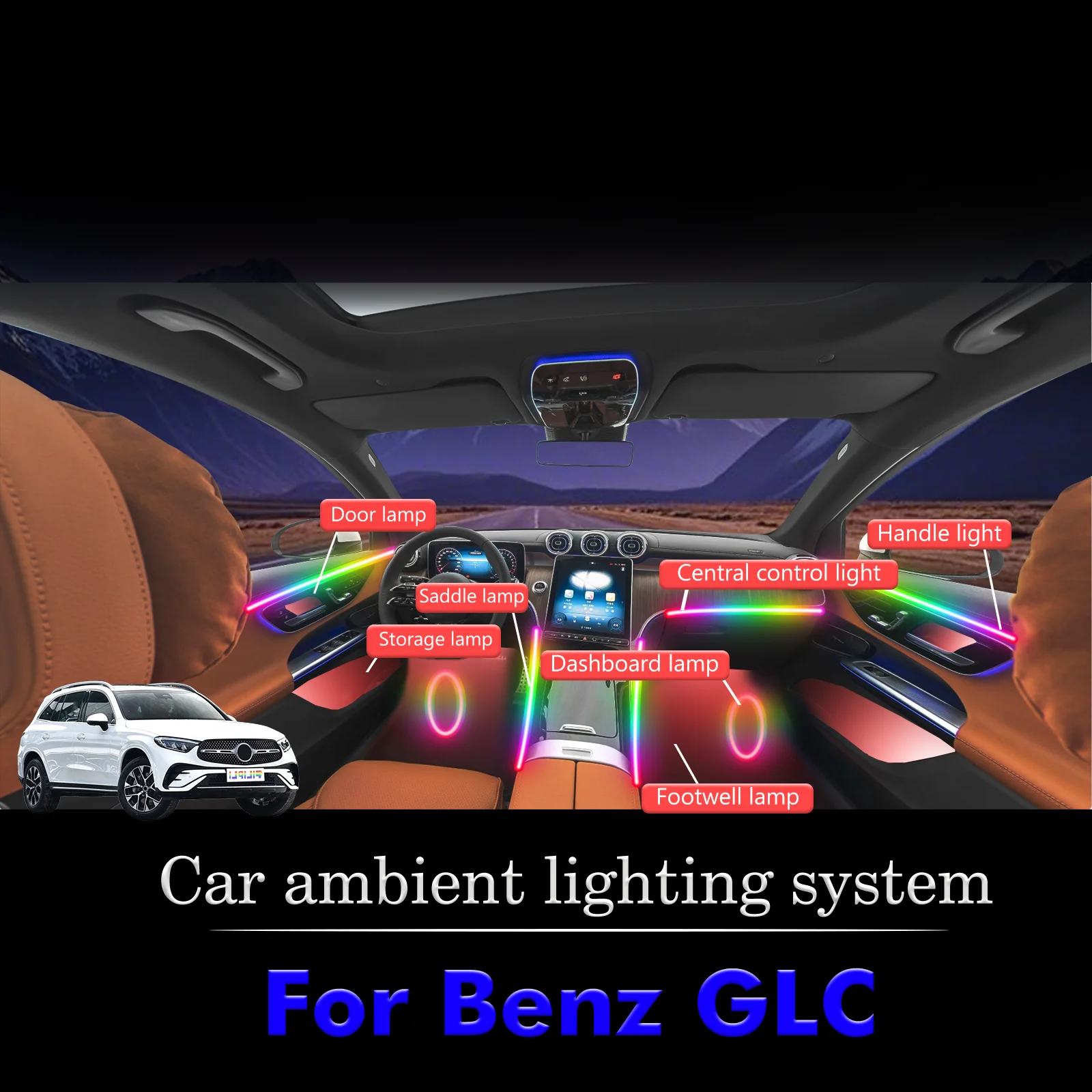 

For BenZ GLC RGB 64 Colors LED Car Interior Ambient Light Smart Remote Control Rainbow Acrylic Strip Kit