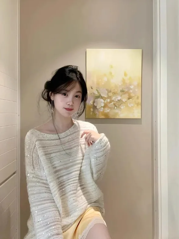 

Heavyweight Design round Ne Knitted Sweater Women's Loose Fit Autumn 2025 New Sle Lazy Sle Age-Defng Cuffed Top