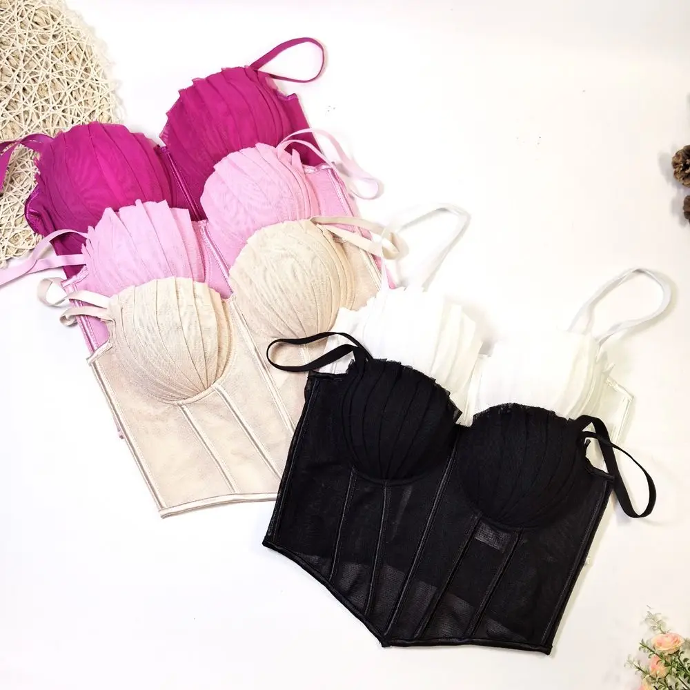Undershirt Pleated Mesh Camisole Transparent Slim Fit Y2k Crop Tops Sleeveless Mesh Fish Bone Corset Spring Summer