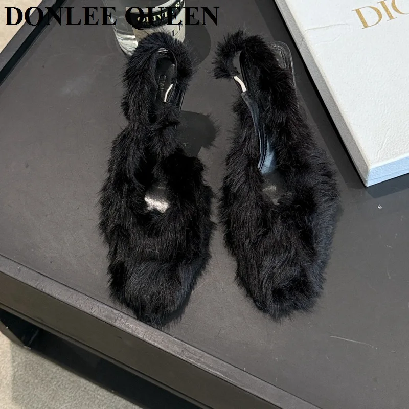 Pointed Toe Slingback Sandals Women High Heels Shoes Shallow Slip On Fur Design 2024 New Spring Ladies Pumps Party Wedding Mujer