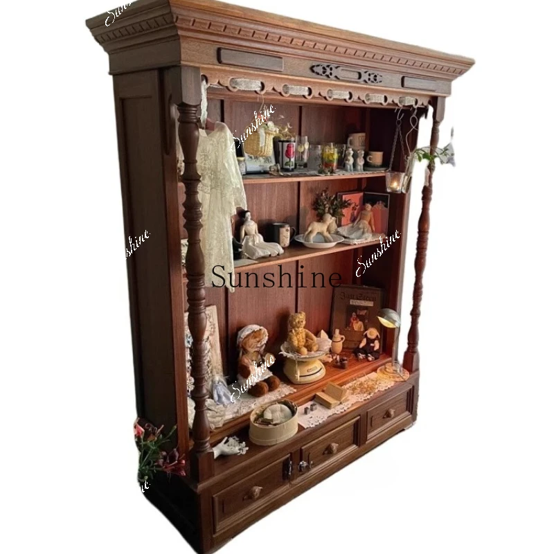 French retro solid wood bookcase made old glass display cabinet sliding door engraving  FT