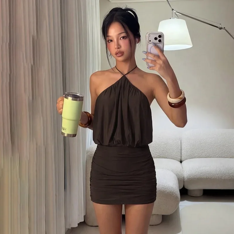 2026 Summer Solid Halter Backless Bodycon Dress Elastic Ruched Waist Cover Slim Skirt Elegant Vacation Style Sleeveless Dress