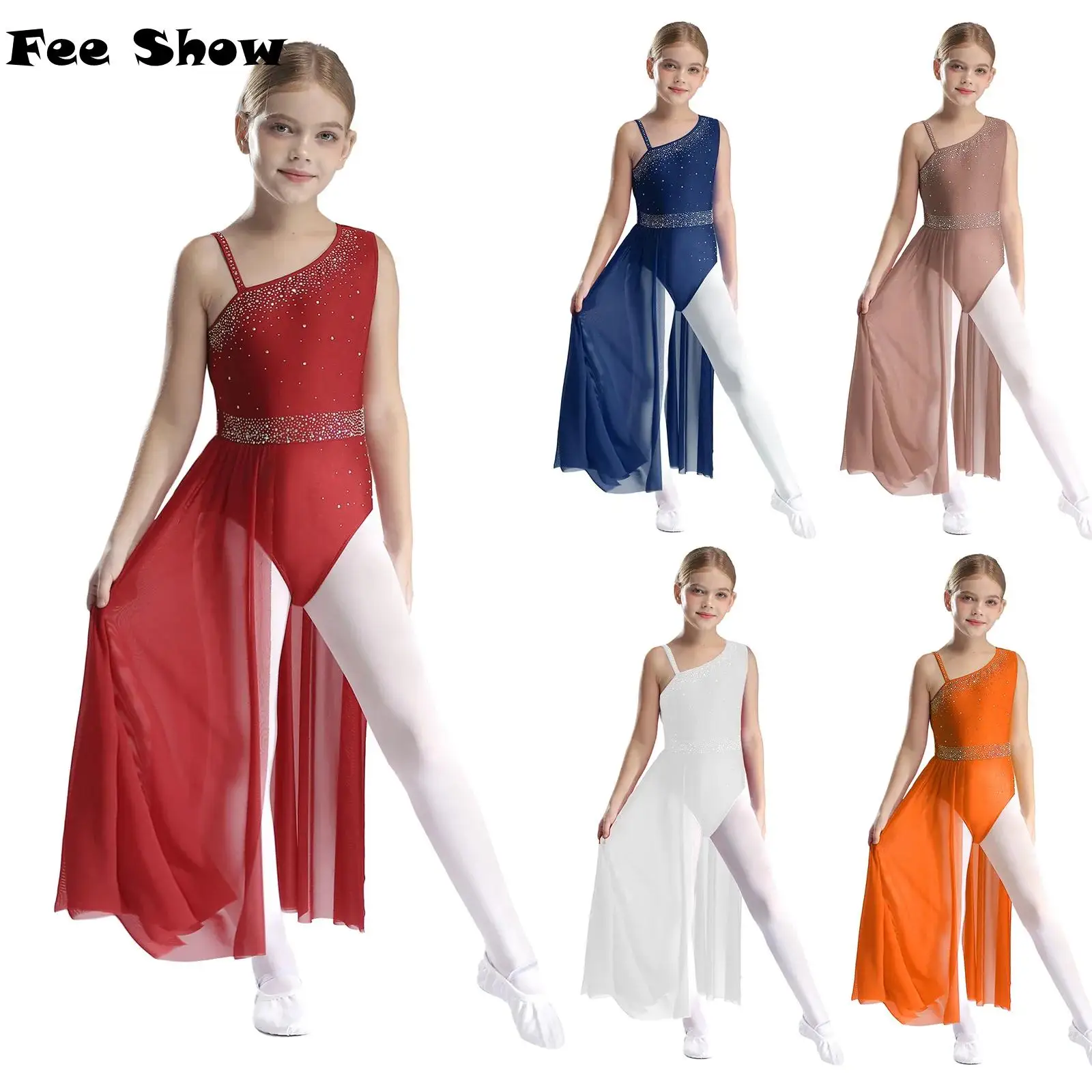여아용 서정적 댄스 코스튬, 반짝이는 라인스톤, 비대칭 어깨 민소매, 쉬어 메쉬 스커트, 레오타드 댄스웨어
