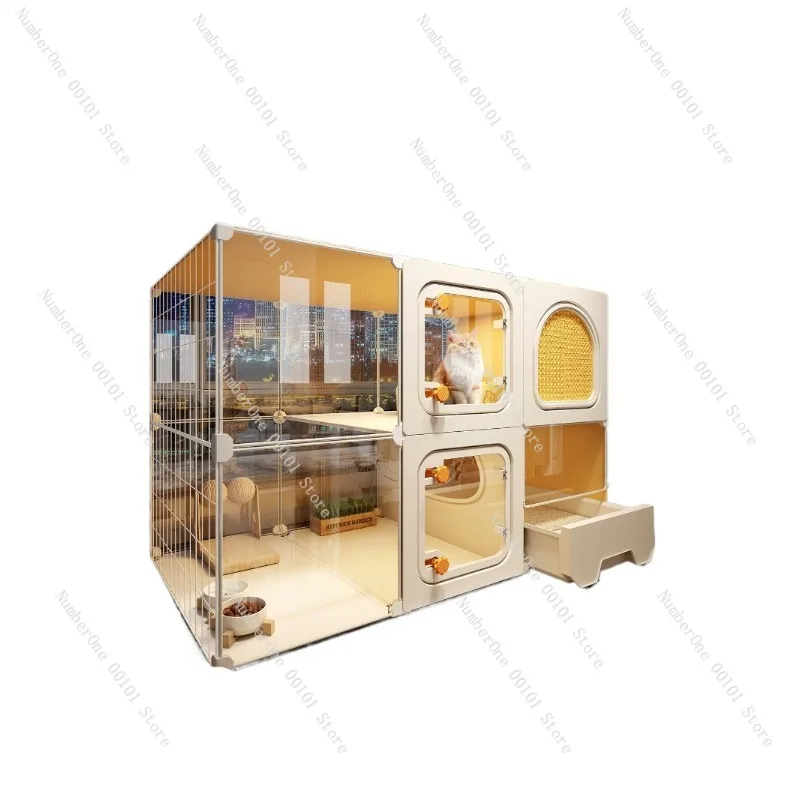 Panoramic Extra-Large Cat Cage,Indoor Free-Space Cat House with Bed&Toilet,Multi-Layer Pet Cage for Home,Ventilated Safe