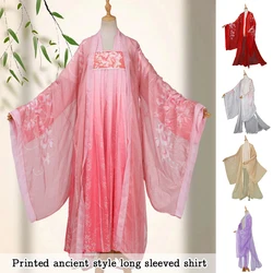Chinese Hanfu Cardigan Floral Chiffon Wide Sleeved Cloak Coat Classical Folk Dance Stage Tops Chinese Ancient Cosplay Costume