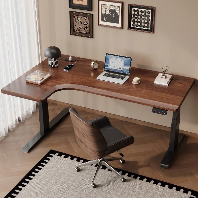 Solid wood electric lifting table, computer corner desk L-shaped learning workbench, bedroom home desk