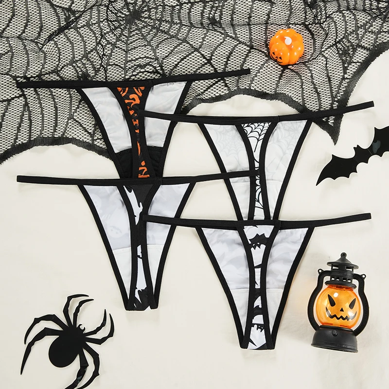 Halloween Mid Waist T-Back Ice Silk Tanga Ropa Interior String Underwear Woman Panties