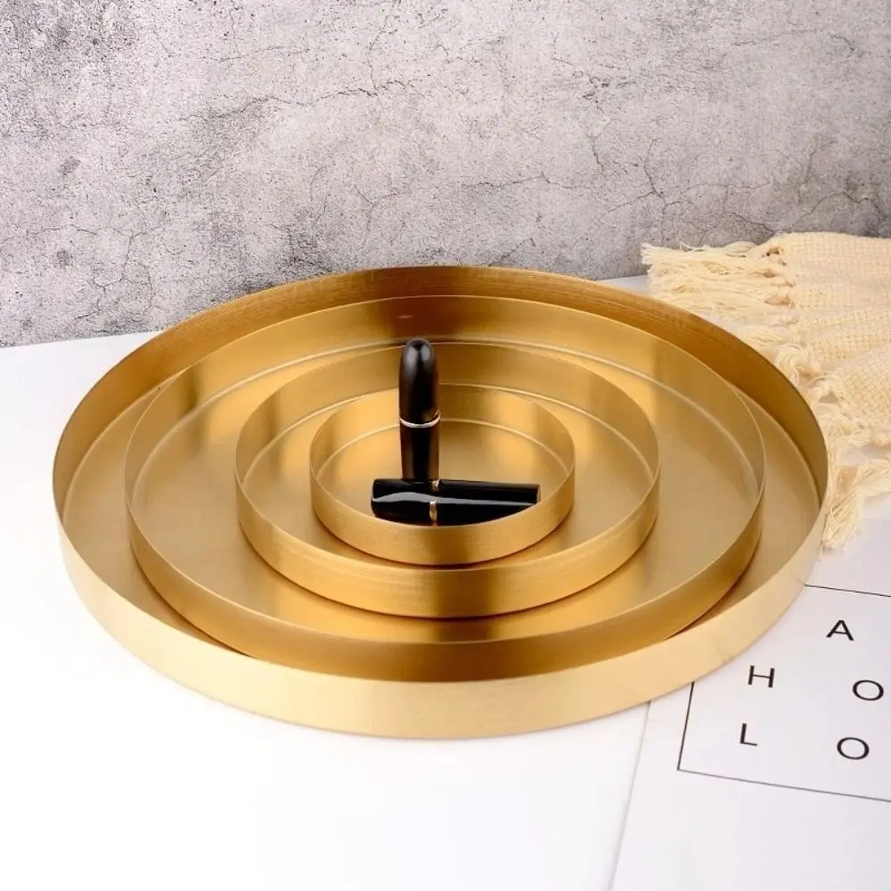 

Stainless Steel Metal Decorative Trays Round Shape Gold Makeup Tray Organizer Easy Cleaning Brushed Finish Jewelry Display Plate