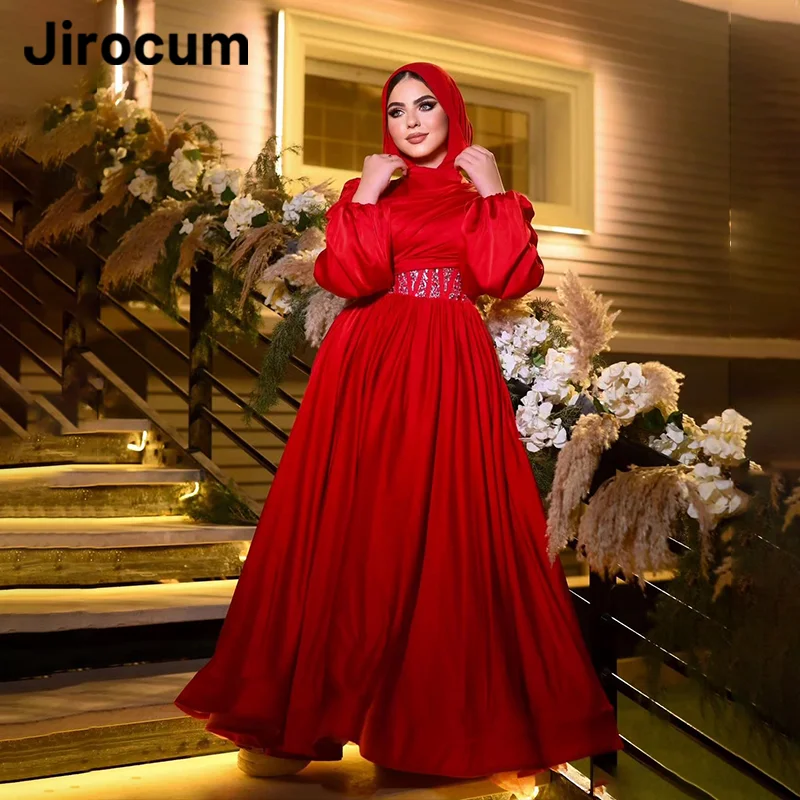 

Jirocum Elegant A Line Evening Gown Women's Long Sleeve Muslim Party Prom Dress Red Crystal Saudi Arabia Formal Occasion Dresses