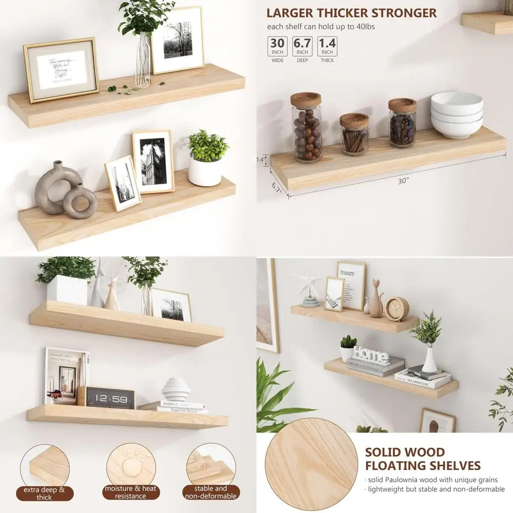 

30 Inch Natural Wood Floating Shelves Set of 2 for Home Office and Living Spaces