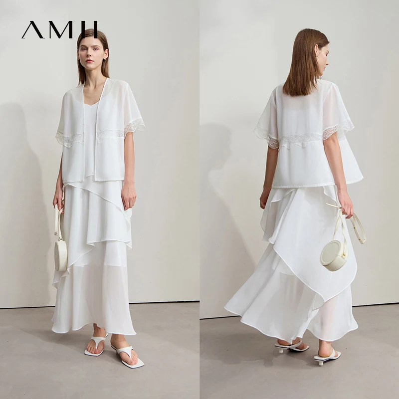 Amii Minimalistisches Beige-Chiffon-Hemd für Damen, 2025, Sommer, neue Bürodame, lässig, V-Ausschnitt, Spitze, einfarbig, elegantes Feen-Top 12522146