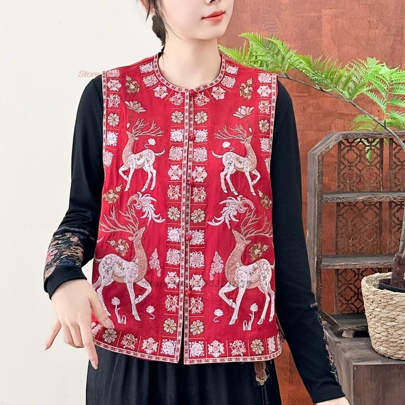 

2026 китайский винтажный жилет с национальной вышивкой оленёнка, с круглым вырезом, в народном стиле, традиционный восточный жилет из атласного жаккарда, ретро-топы в стиле ханьфу.