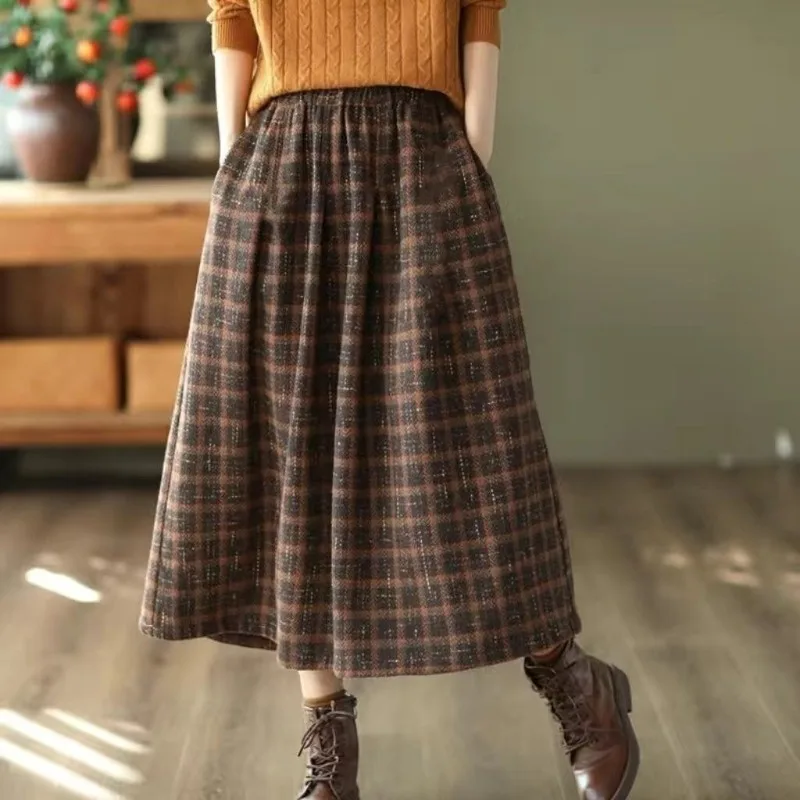 Skirts Women Vintage Cozy Autumn Winter Retro Simple Trendy Plaid Fashion High Waist Comfortable Harajuku Casual Loose-fitting