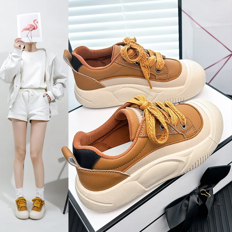 

Breathable Women's Shoes 2024 Spring New Internet Popular Big Head Bread Shoes Thick Sole Casual Board Shoes BT395