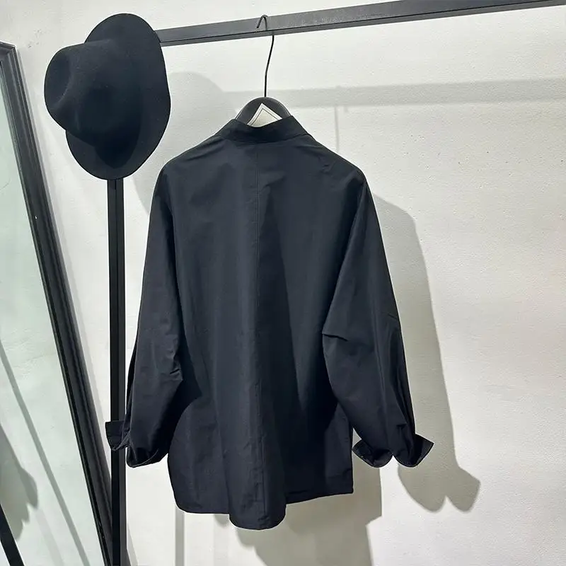 High Street Tees Tshirt Men's Dark and Fashionable Loose Embroidered Print Stand Up Collar Button Long Sleeved Shirt Top