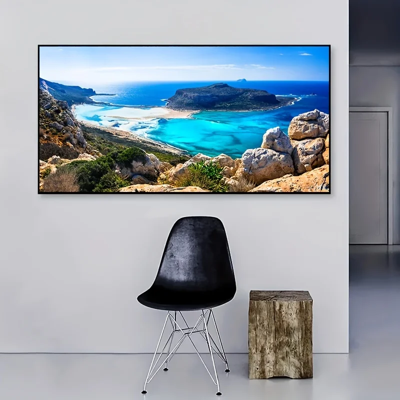 Frameless Island Sea Canvas Painitng, Beach Nature Scenic Poster and Print, Greece Landscape, Living Room Home Decoration