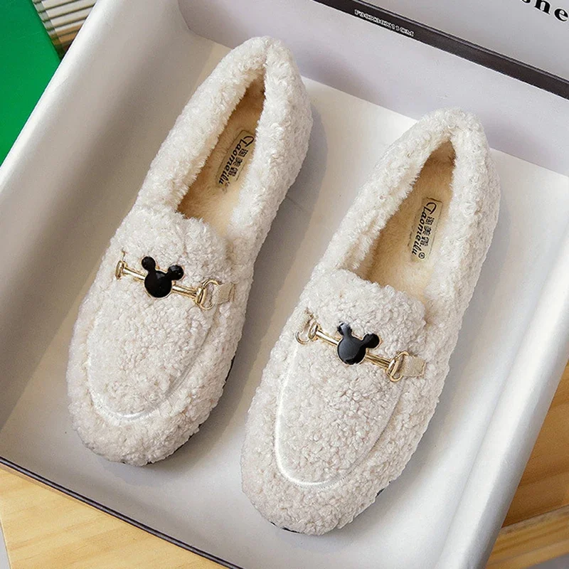 Winter White Wool Shoes Ladies Luxury Buckle Flats Women Plush Sheep Fur Loafers Thicken Fuzzy Moccasins Femme Cotton Shoes