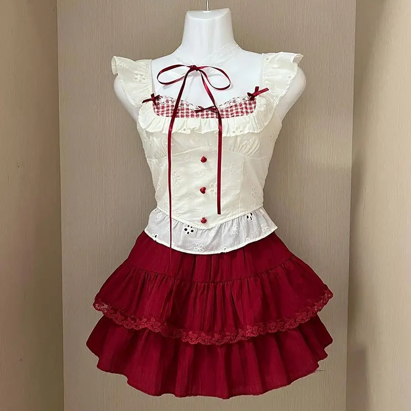 2025 Summer Sweet Two Piece Set Women Ruffle Lace Trim Top and Red Layered Pleated Mini Skirt Kawaii Bow Gothic Lolita Outfits