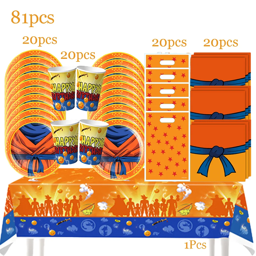 Décorations d'anniversaire Goku, fournitures de fête, ballons en latex et en feuille d'aluminium, nappe, assiettes en papier, serviettes, sacs cadeaux, vaisselle jetable, kit de fête prénatale