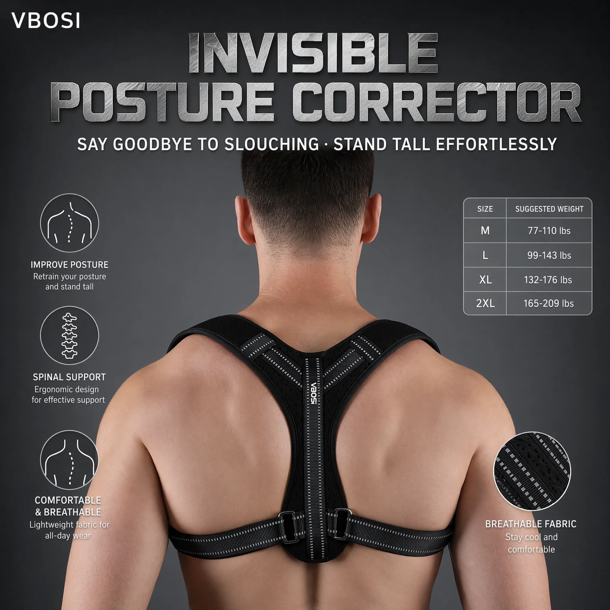 VBOSI Back Posture Corrector Belt Unisex Breathable Adjustable Hunchback Prevention Sitting Posture Correction Body Shaping