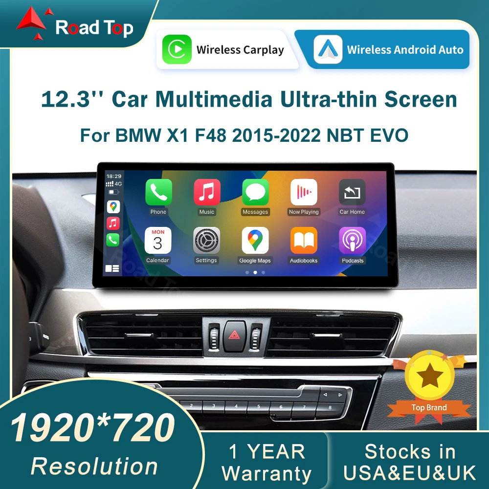 RoadTop 12,3' Auto-Multimedia für BMW X1 F48 2015-2022 NBT EVO IDrive Ultra-Narrow Linux HD-Bildschirm, Auto-Stereo-Touchscreen, unterstützt kabelloses CarPlay, Android Auto, Mirrorlink, behält