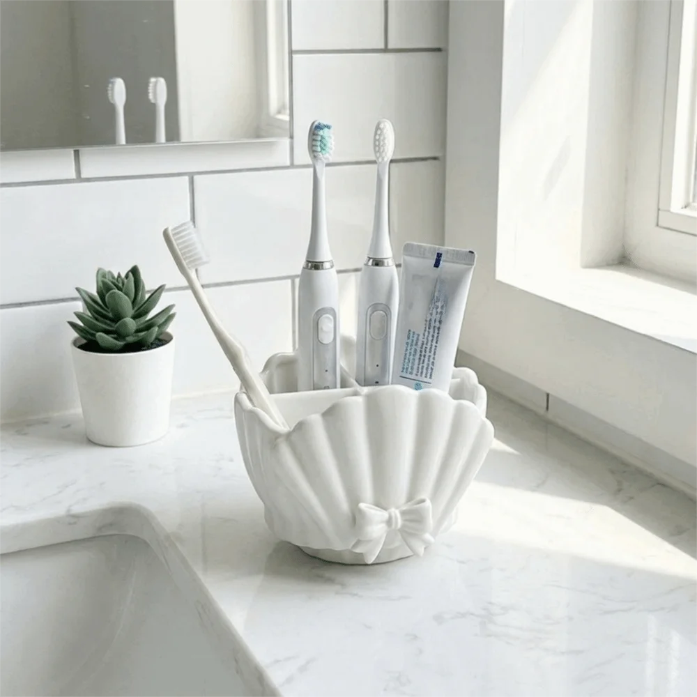 3D Printed Shell Shaped Toothbrush Holder Four-Compartment Bow Lace Desktop Storage Box Shell Shaped Decorative Toothbrush Rack
