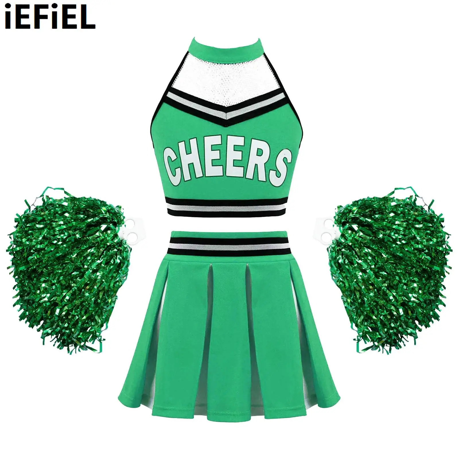 

Kids Girls Cheerleading Set Sleeveless Halter Neck Mesh Patchwork Letters Printed Crop Top And Pleated Skirt with Flower Balls