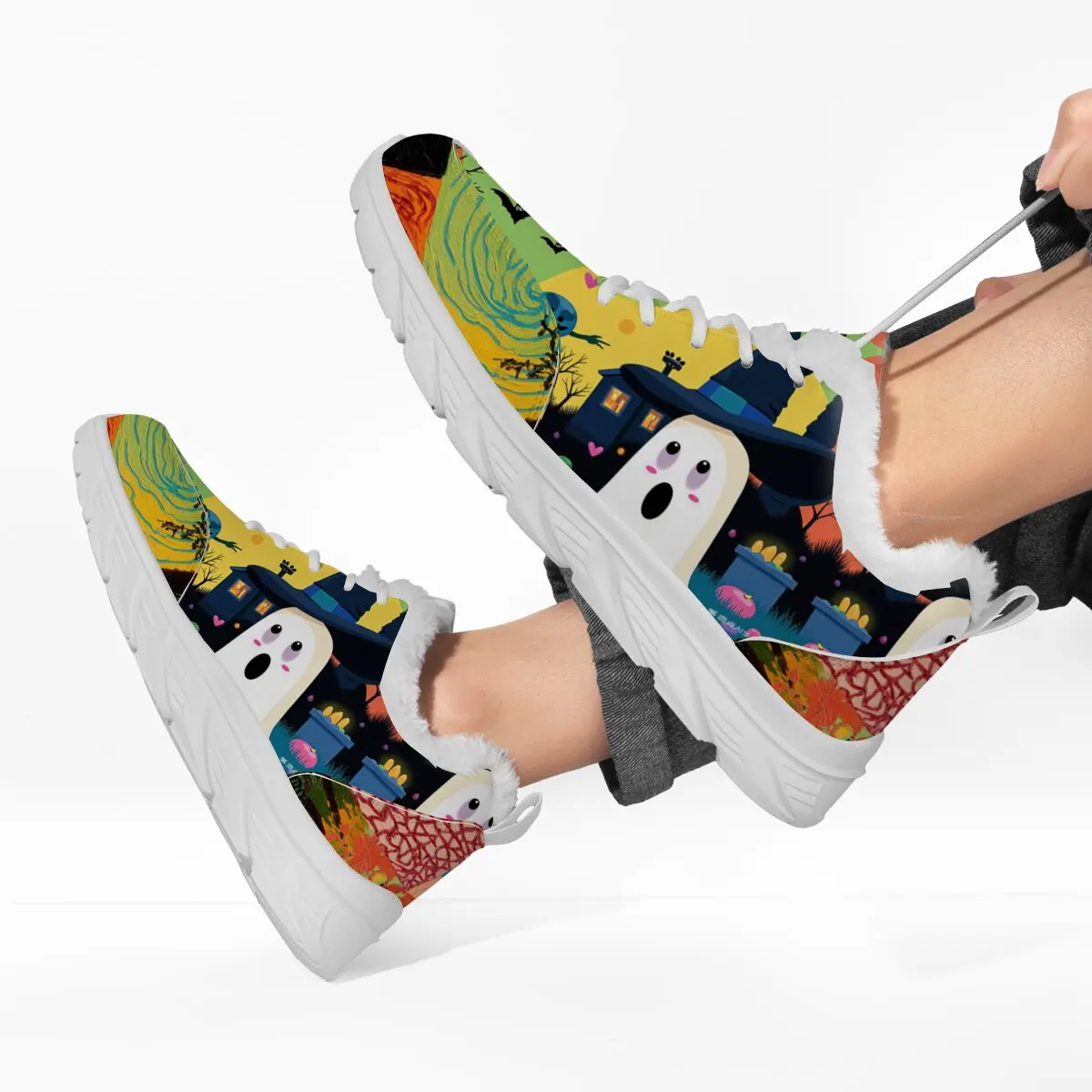 الوالدين والطفل تصميم تحت عنوان الهالوين لكل من الرجال النساء اليقطين الجمجمة الرعب القلعة نمط الدانتيل متابعة شقة منخفضة أعلى أحذية رياضية #4