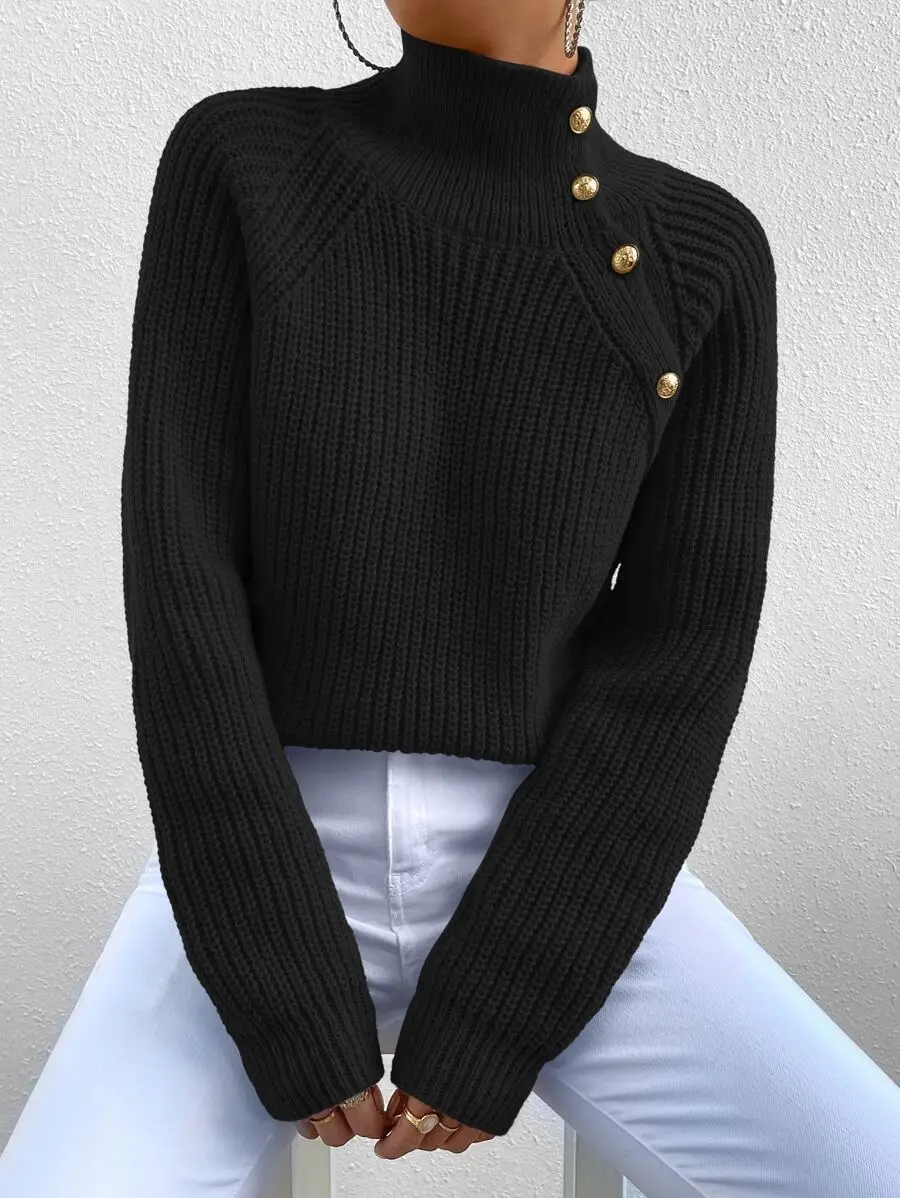 

Black Ribbed Knit Crop Sweater with Stand Collar and Gold Buttons