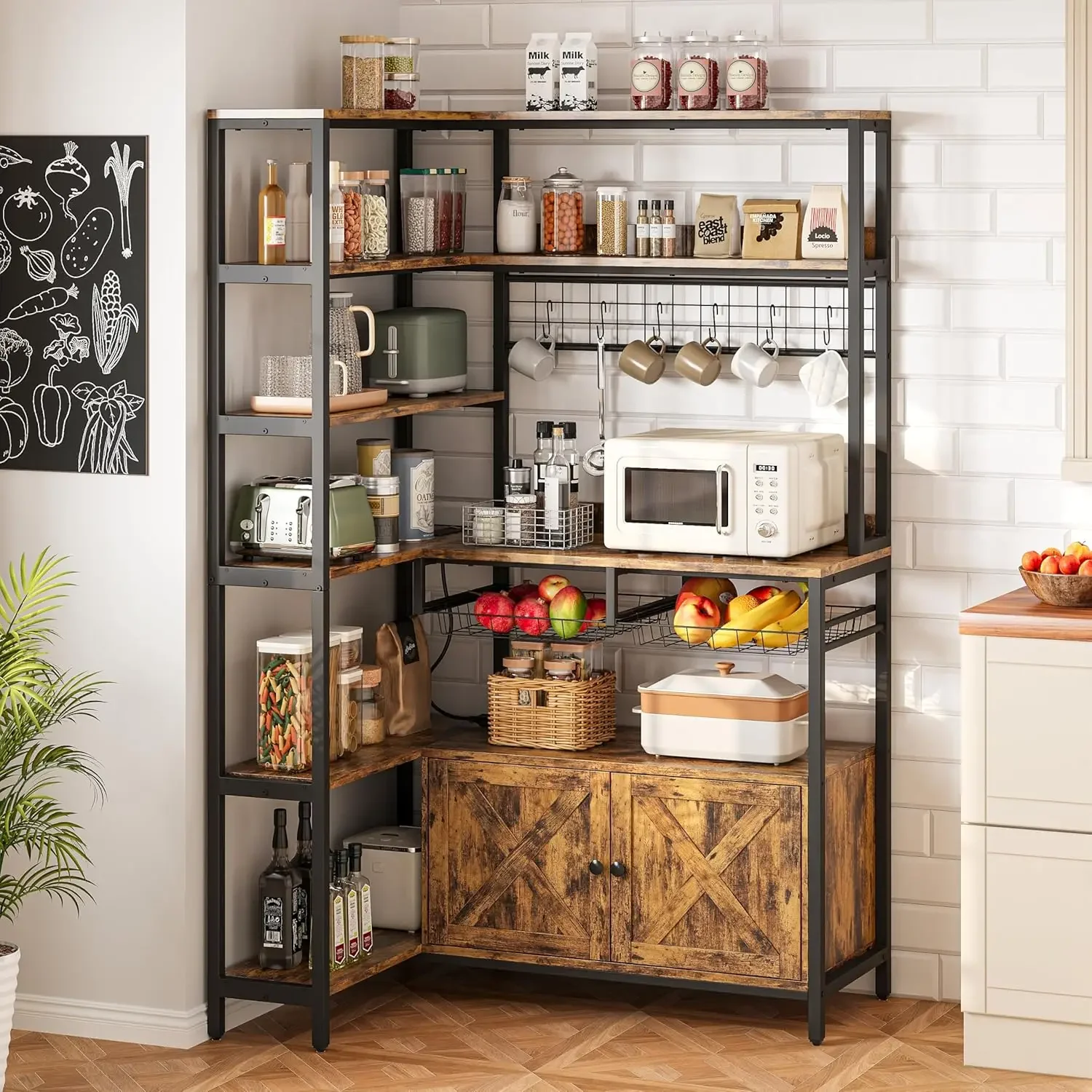 

Corner Bakers Rack Power Outlet Coffee Bar Tier Cabinet Microwave Stand Hooks Kitchen Shelves Wire Basket Rustic Brown