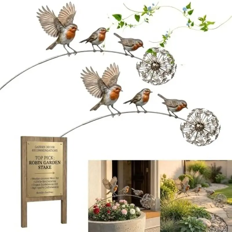 DTA4-Robingarden Dandelion Birds Anddandelion Memorial Design Metal Sculpture Handmade Outdoor Yard Art Stakes For Lawn Patio
