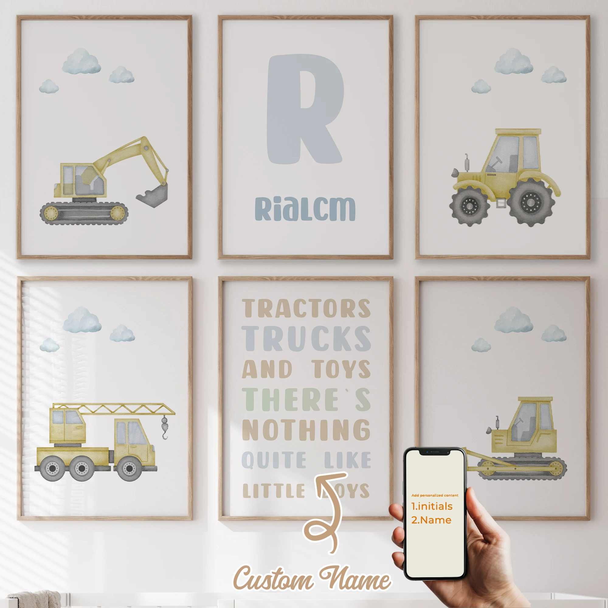 

3Pcs/6pcs Personalized Custom Name Cute Cartoon Excavator Wall Art Print Picture For Living Room Kids Boy Room Home Decor Gift