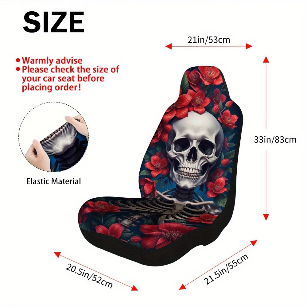 2pcs, Stylish Skull Flowers Dark Artistic Portrait Design Car Seat Covers, Washable And Comfortable, Perfect Fit For Single Fron