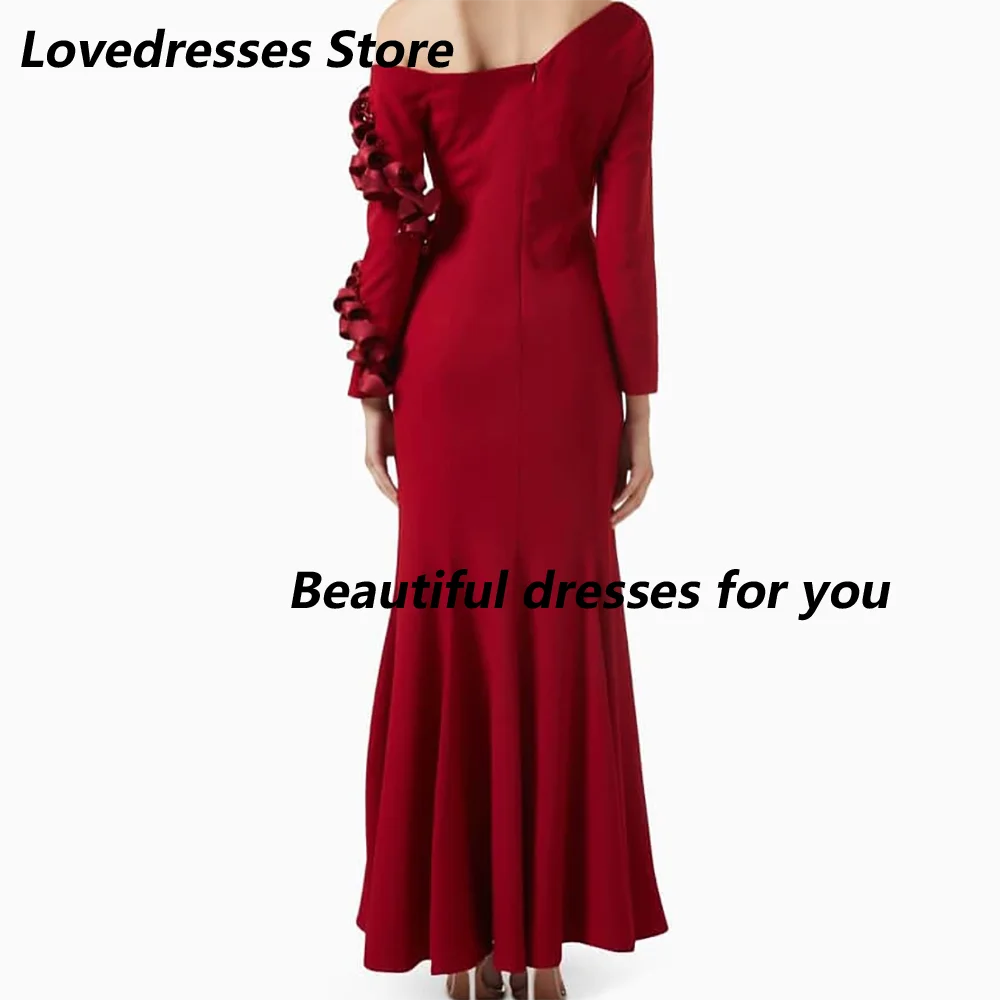 레드 머메이드 이브닝 드레스 맞춤형 우아한 오프 숄더 긴 소매 꽃 발목 길이 공식 댄스 파티 드레스 미디 드레스