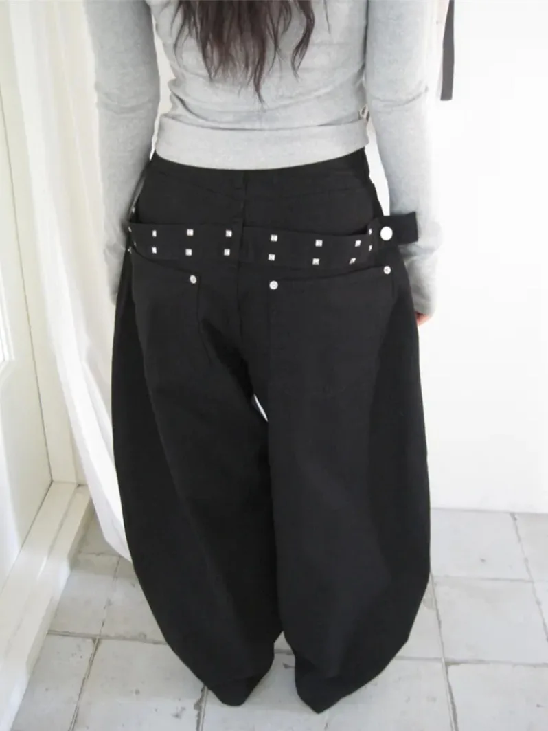 리벳 장식 와이드 레그 청바지 여성용 하이웨이스트 벨트 바 퍼스널리 겨울 신상 슬레 출퇴근 스타일 순수 전자상거래 중국 ...