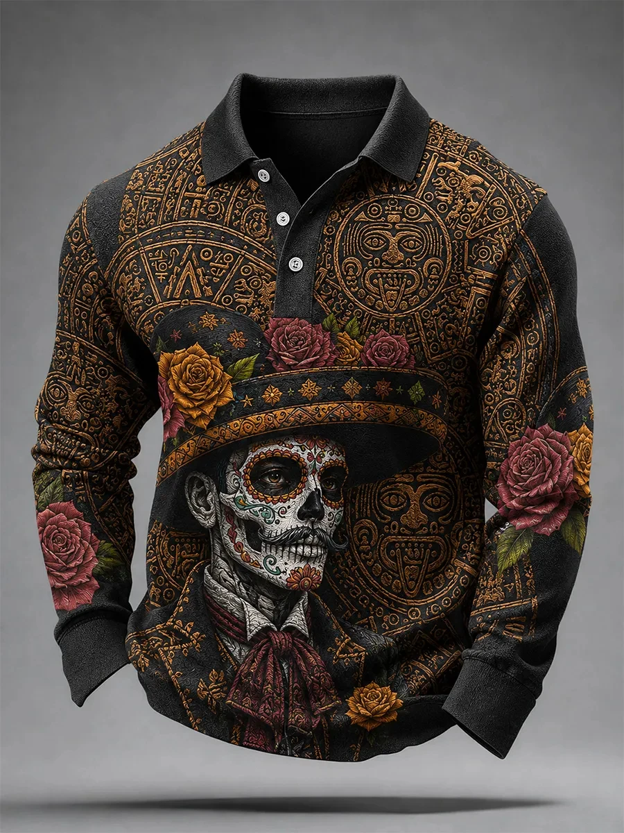 New Men's Autumn Halloween Long-Sleeve Polo Shirt Vintage Floral Skull Print Button-Down Collar Festive Party Street-Style Top