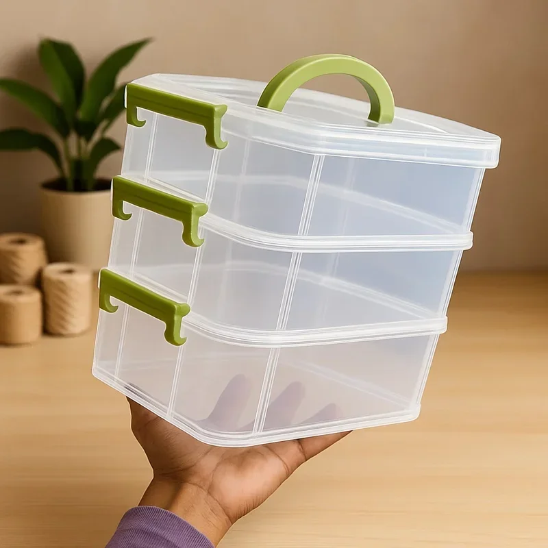 Transparent Multi-Section Storage Box with Four Compartments, Portable Plastic Drawer for Small Toys and Accessories