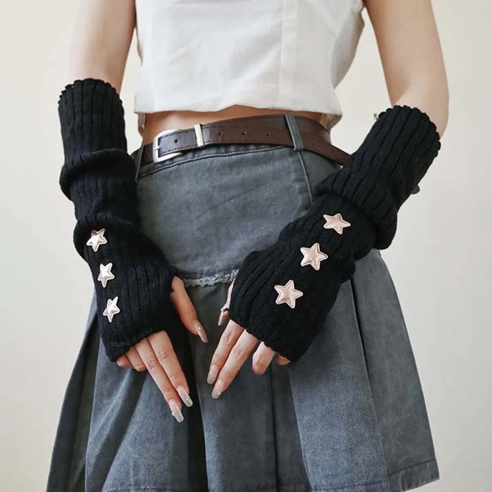 Elastic Knitted Fingerless Sleeves Solid Color Long Y2K Star Arm Cover Hip-hop Breathable Warmer Long Cuff Women