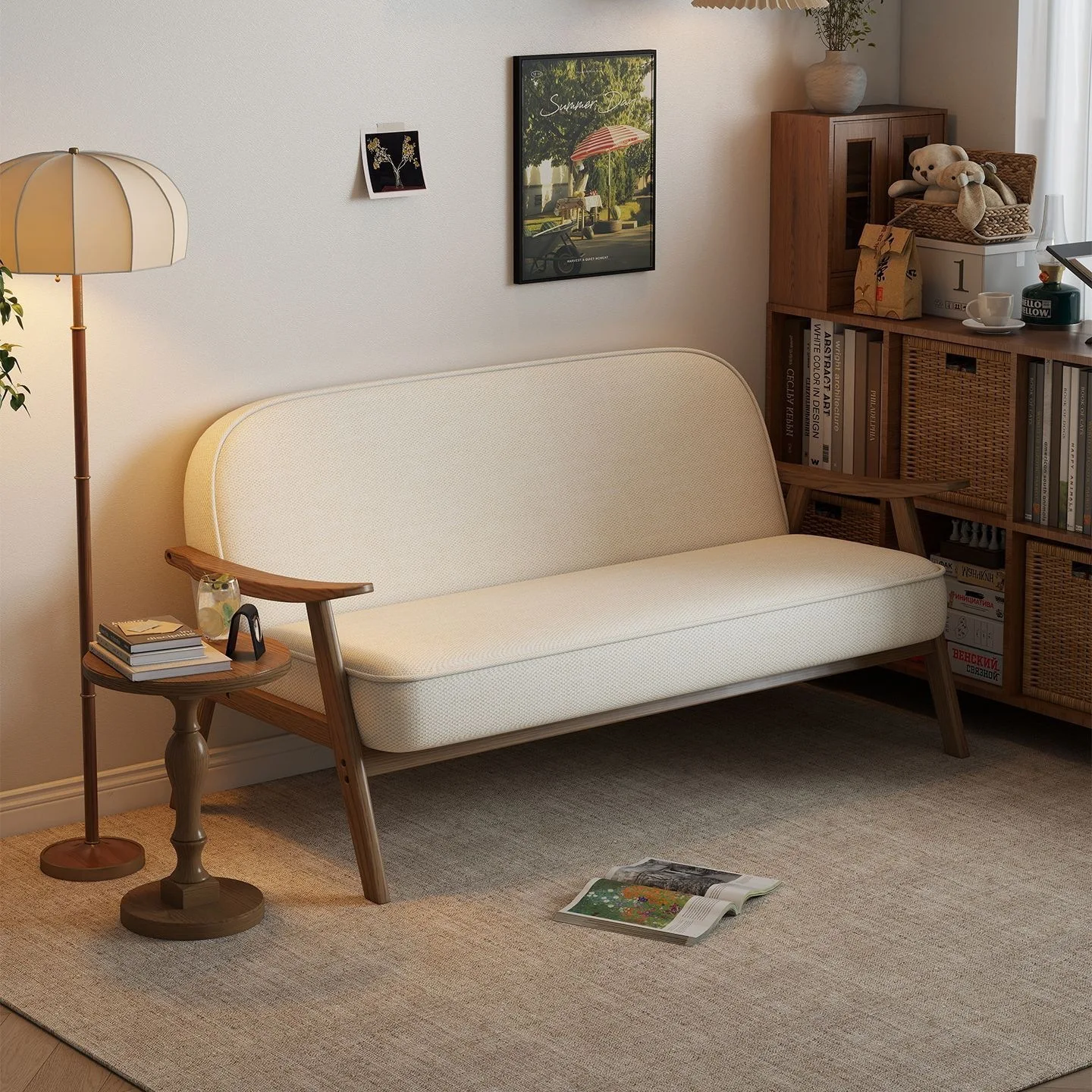 Vintage-style two-seater fabric solid wood sofa, small living room bedroom sofa, apartment and homestay small space sofa