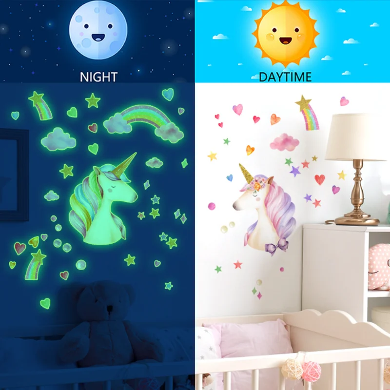 Noctilucent Unicorn Rainbow Star Wall Sticker Children's Bedroom Background Decoration Kindergarten Classroom Sticker Removable